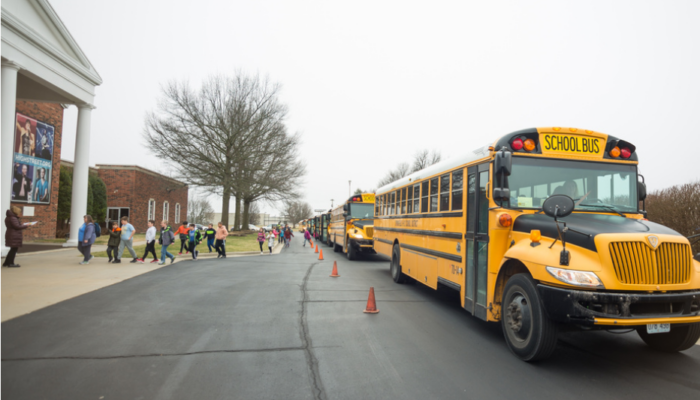 School bus in front of building